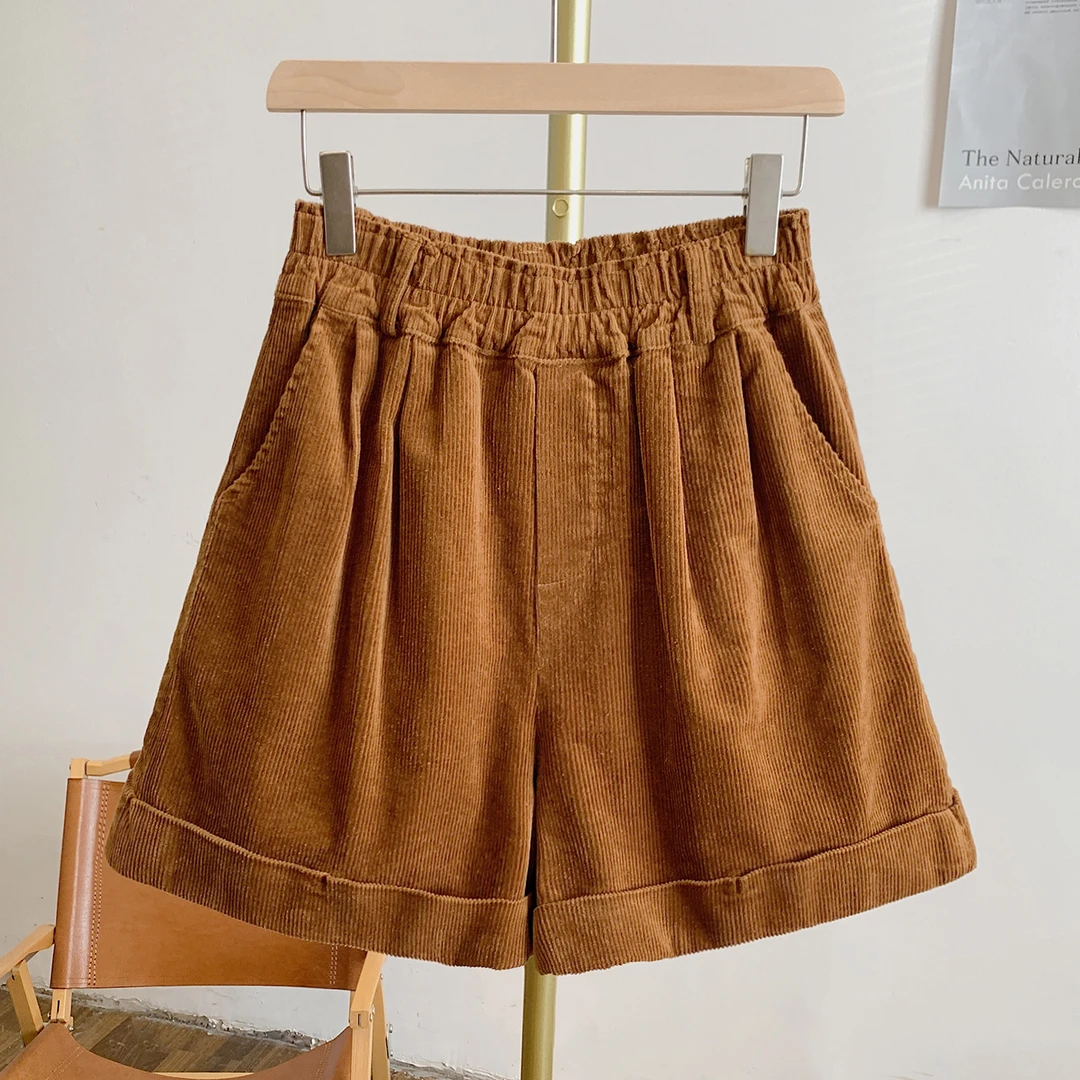 焦糖短裤Y3306灯芯绒裤脚翻边松紧腰短裤