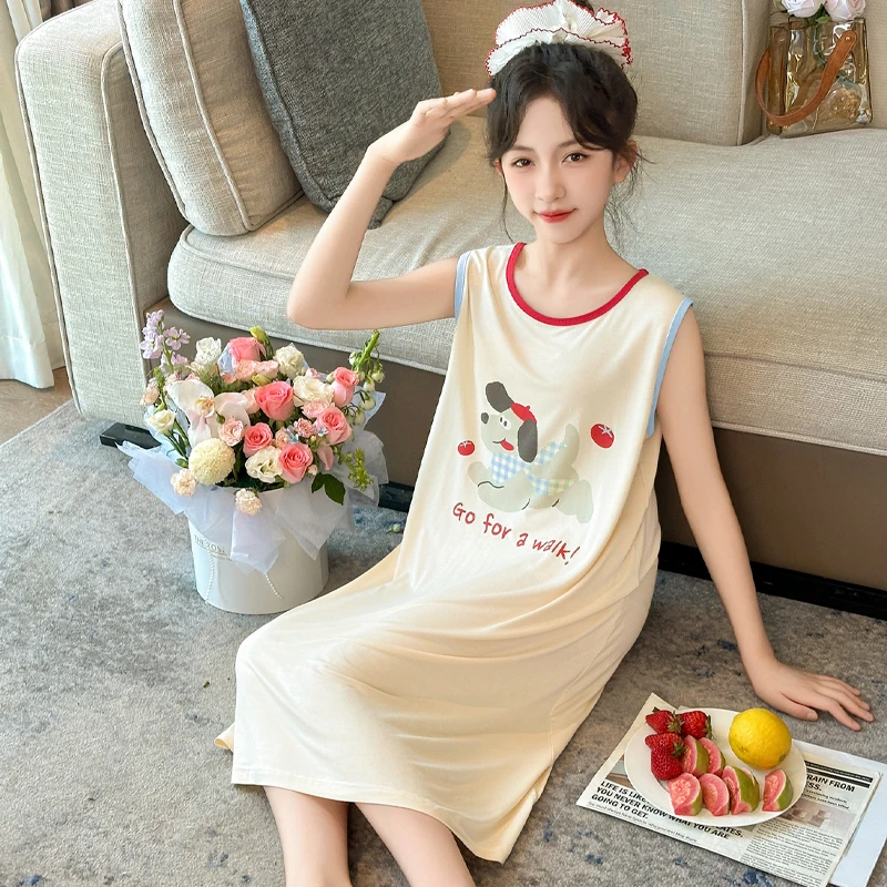 儿童睡裙夏季莫代尔女童新款卡通无袖背心吊带家居裙中大童连衣裙