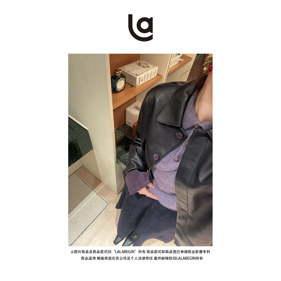 La La Begin"帕萝"翻边双色真皮外套