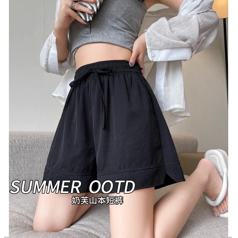 黑色冰丝短裤女夏季2025新款休闲宽松阔腿高腰外穿速干运动五分裤