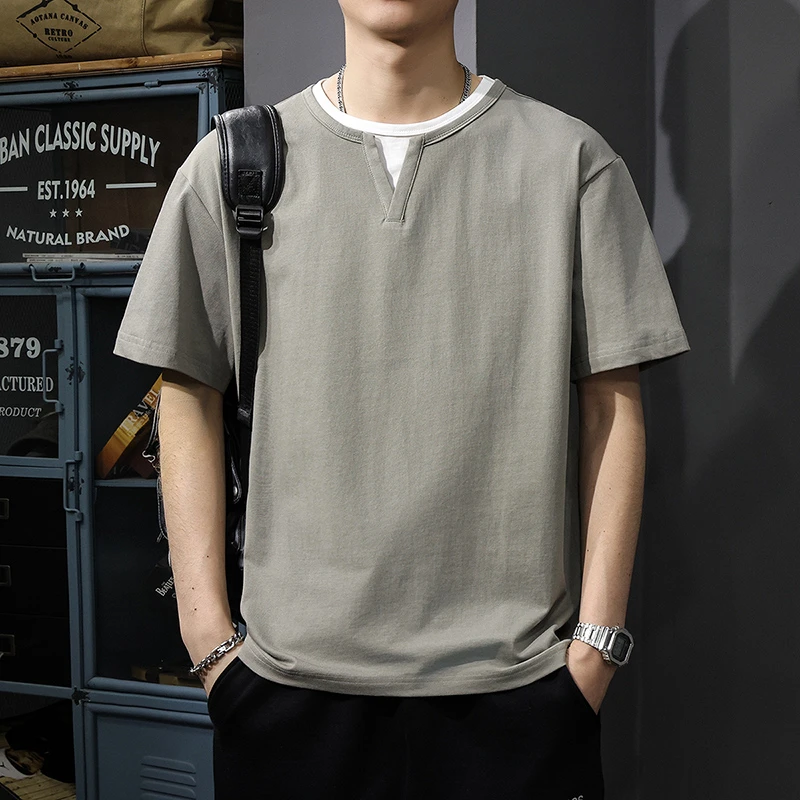 重磅假两件圆领短袖T恤男士2025夏季新款潮牌宽松大码休闲v领半袖