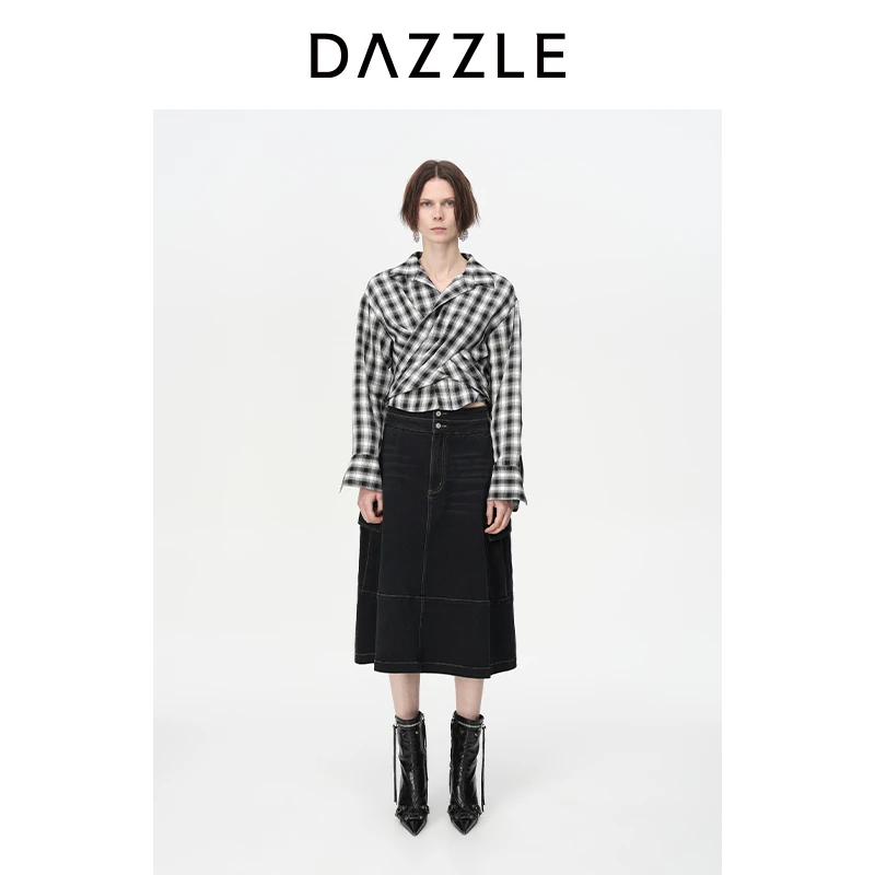 DAZZLE地素格纹收腰衬衫23秋格纹褶皱衬衫女2H3C422