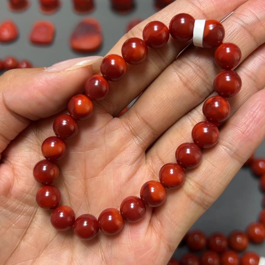 南红玛瑙未镶嵌手串 牛血红双色 约8.6mm 油润