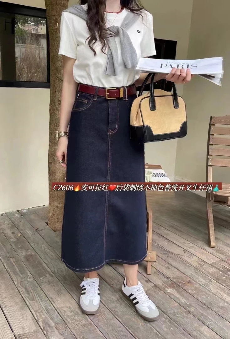 1595-2606后袋刺绣不掉色普洗开牛仔裙