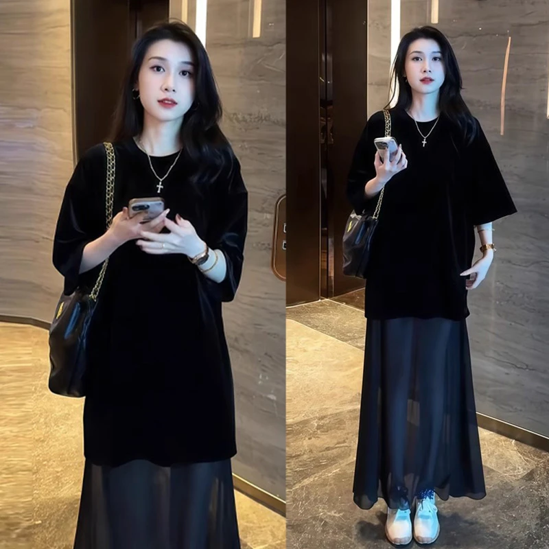 慵懒随性黑色上衣半身裙套装2025夏季新款韩系时尚简约小众两件套