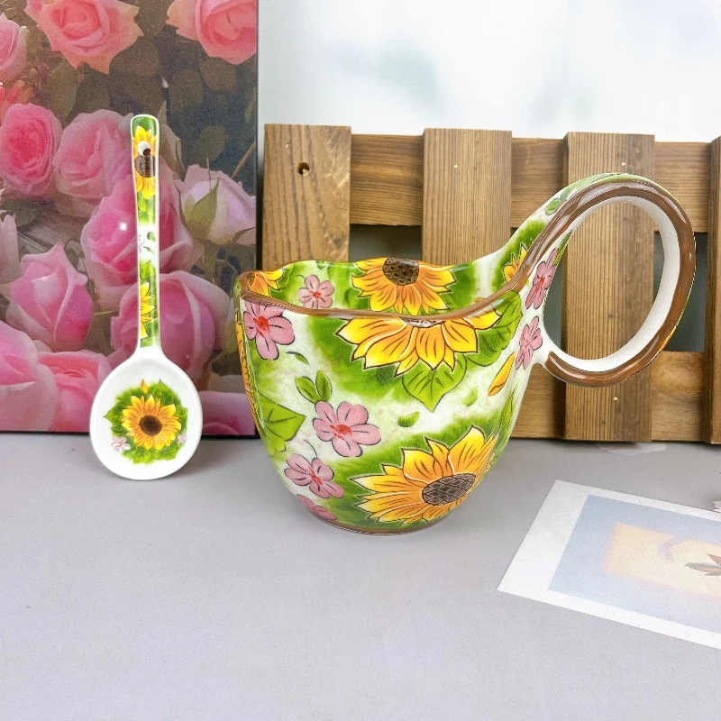 （精选）向日葵系列曲把杯配勺陶瓷餐具500ML