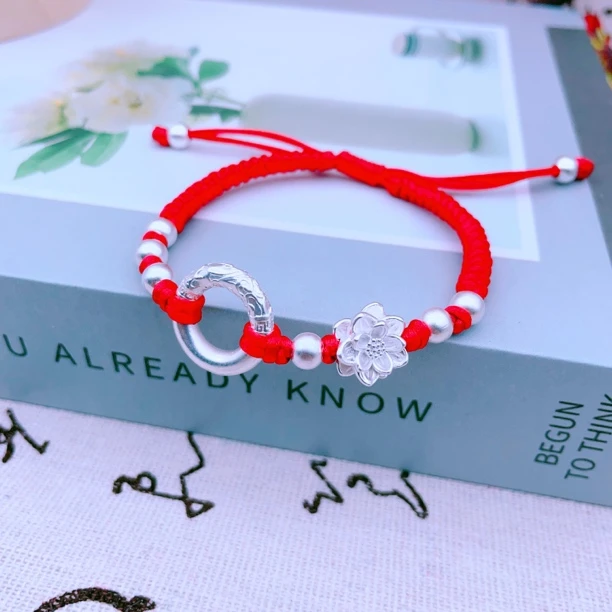 足银手链 足银999手工祥云平安扣古法莲花隔珠子手链编织闺蜜款