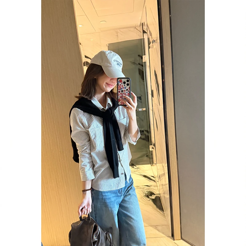 Tuuuh【中环时髦精】条纹长袖衬衫女Polo领女松弛感上衣 C36752TU53