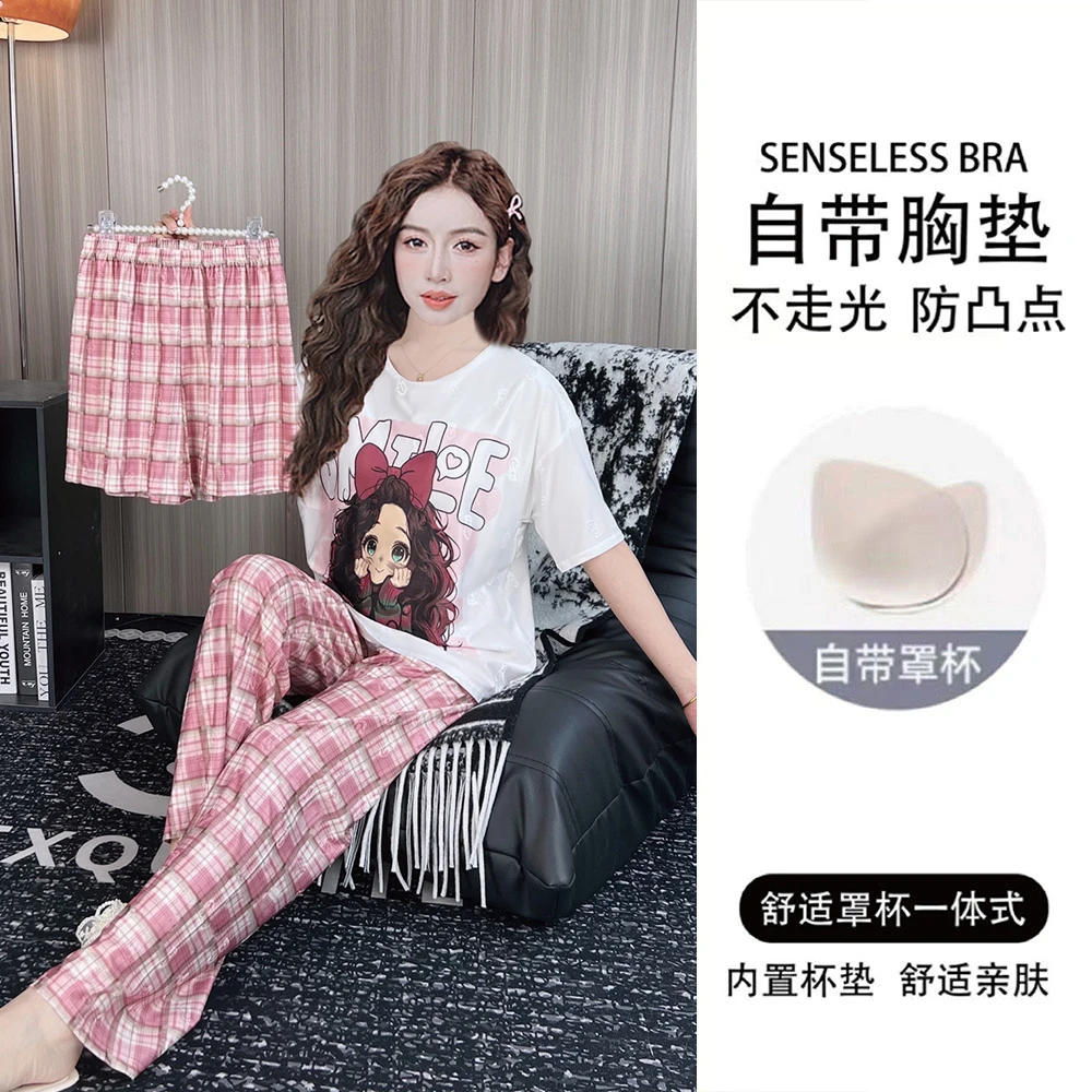 带胸垫夏季提花冰丝睡衣女短袖薄款三件套宽松卡通家居服套装夏天