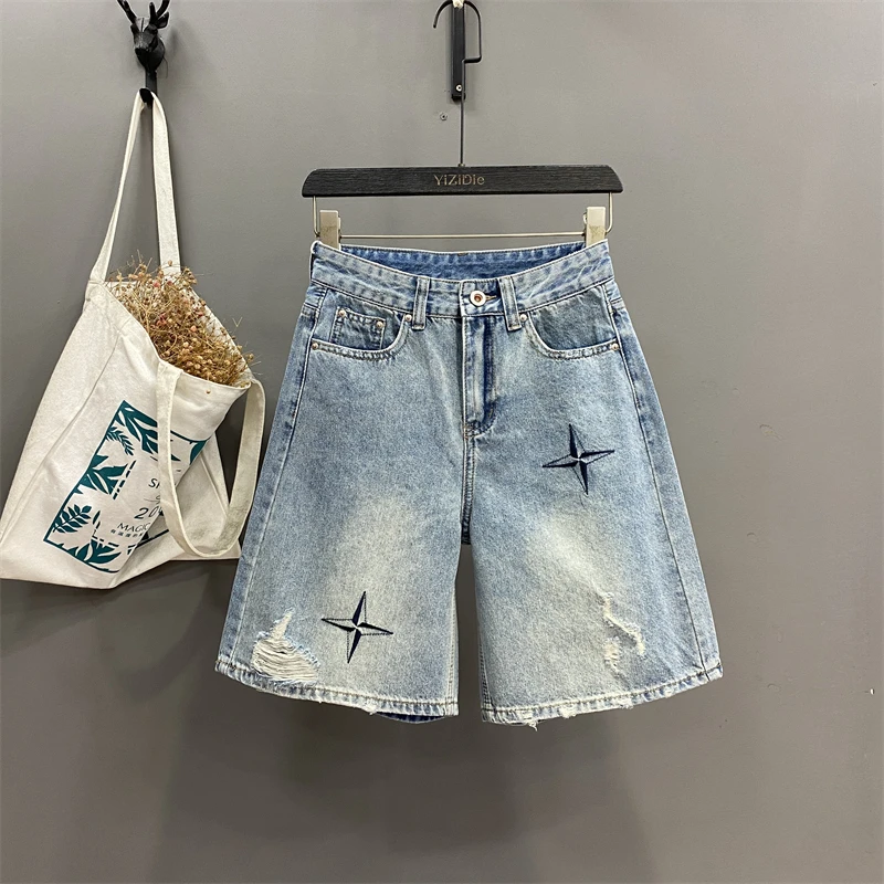 特大码磨破十字刺绣阔腿五分裤2025年夏季薄款磨白做旧休闲牛仔裤