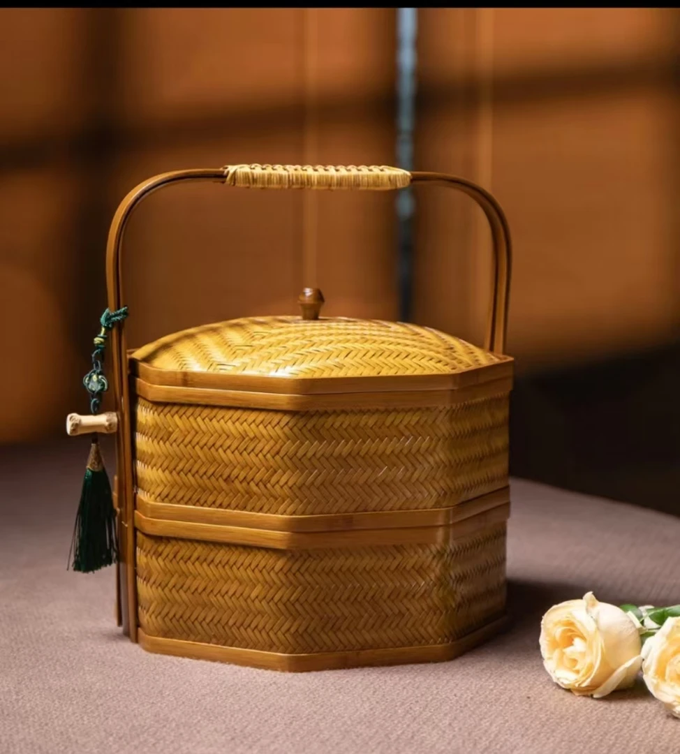 大漆手工编织手提食盒水果野餐篮茶具收纳筐八角双层食盒竹编篮子