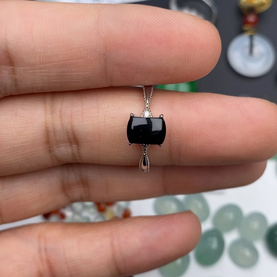 翡翠戒指银S925镶嵌墨翠戒指