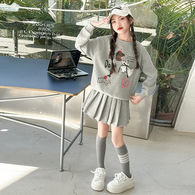 女童学院风套装春秋装2025新款女孩春季韩版洋气卫衣百褶裙两件套