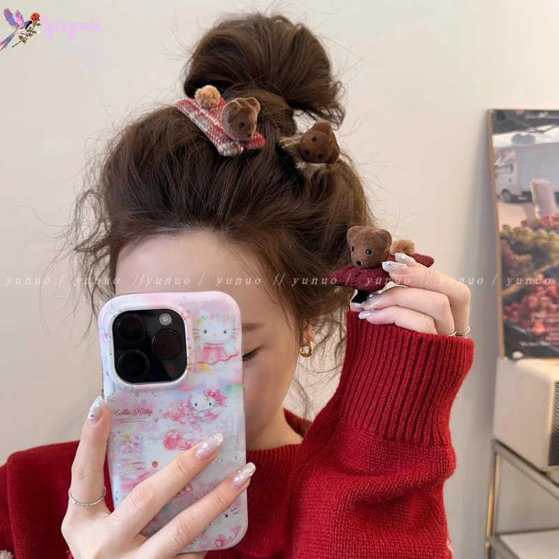 韩系秋冬毛绒可爱小熊少女发卡侧边夹鸭嘴夹前额刘海碎发夹子发饰
