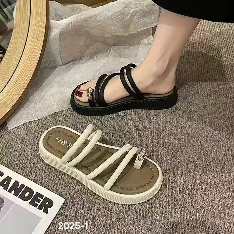 2025年新款女鞋4厘米高薄款厚底一字拖百搭网红夏季平底凉鞋交叉