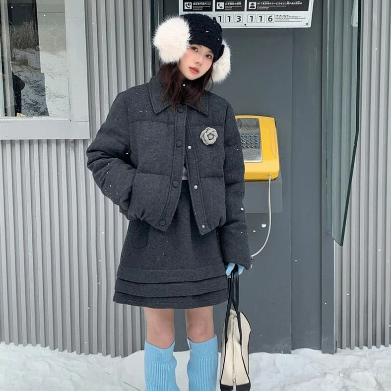 冬季新款小香风山茶花加厚短款棉服外套短裙胸花三件套A1610