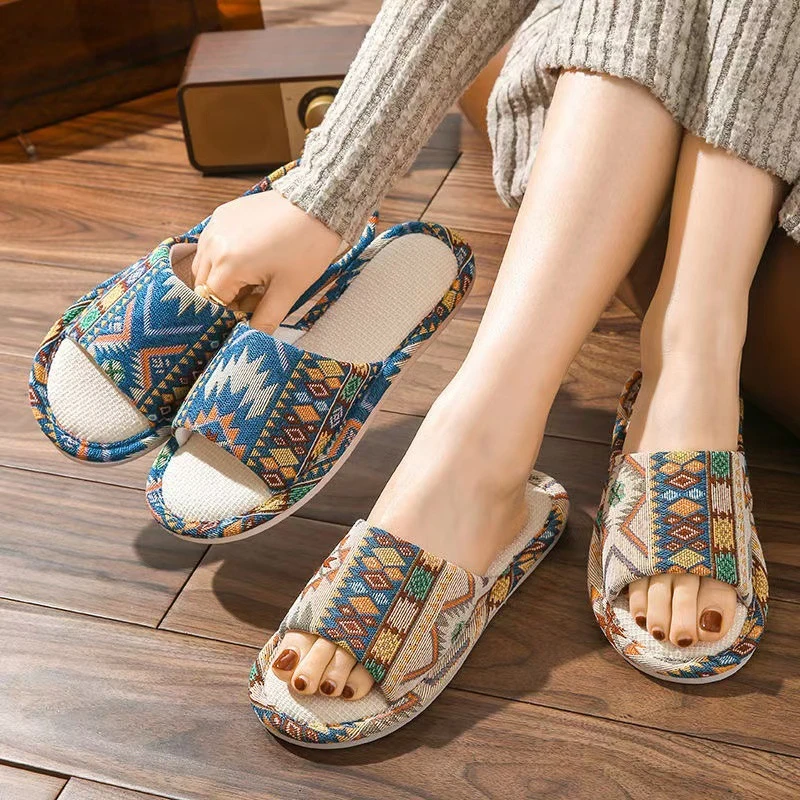 【海外订单】亚麻拖鞋男女同款四季室内透气防滑情侣款