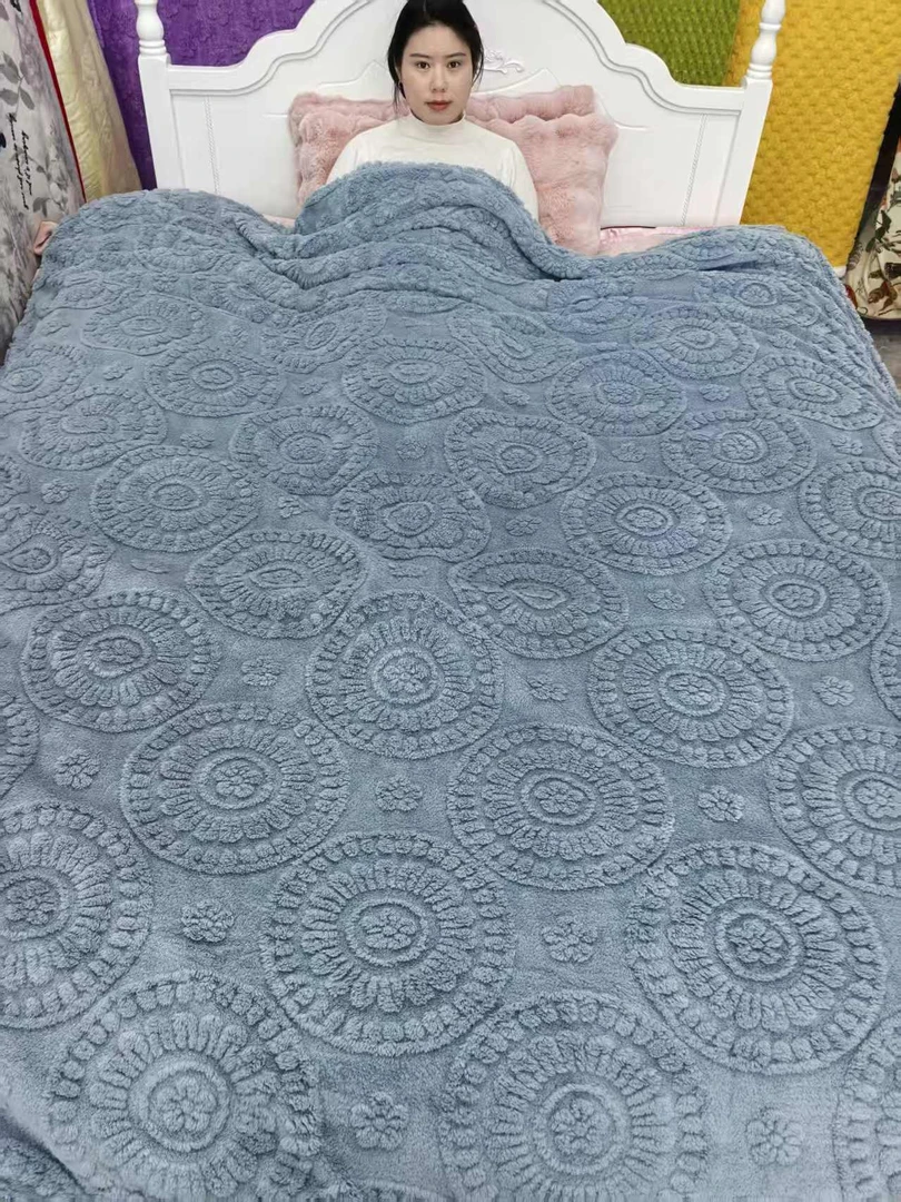 蓝色塔芙蓉加绒加厚秋冬大花毛毯