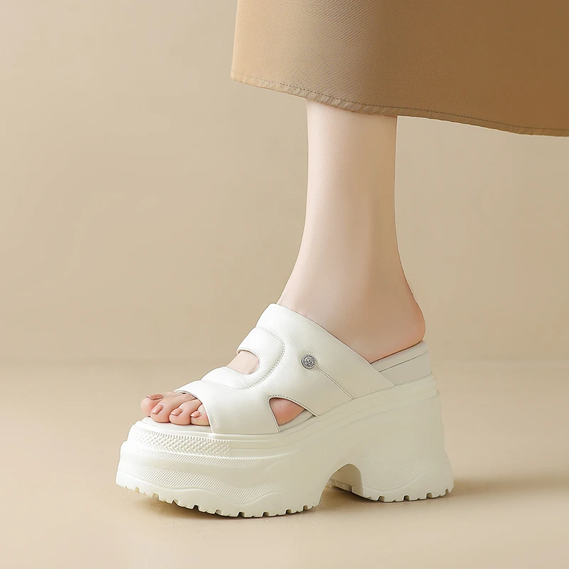 牛皮/12cm小个子高跟松糕厚底凉拖鞋女夏季外穿沙滩真皮一字凉鞋