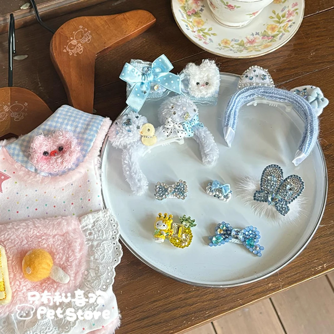 宠物bb夹狗狗满钻发夹头饰蓝色蝴蝶结带钻碎发夹发卡比熊马尔济斯