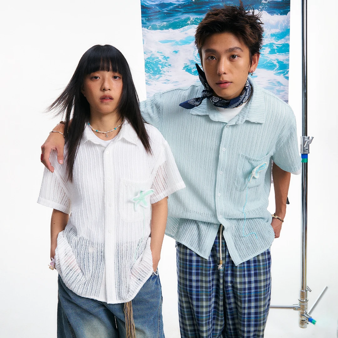 [青]江南先生NewJNXS海星钩针提花镂空短袖衬衫夏男女宽松JN52S26