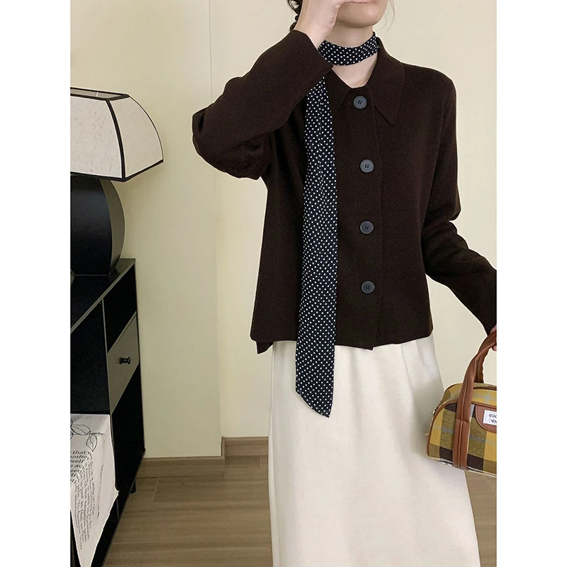 【欧蔓依】OMYB1370冬季长袖女针织翻领毛针织衫短款显瘦开衫复古