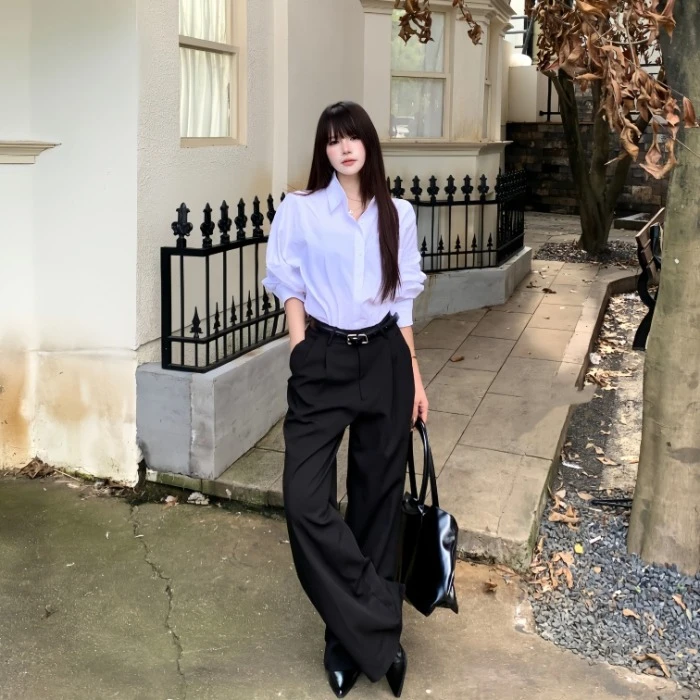 韩系白色polo领长袖衬衫女秋季气质宽松通勤衬衣阔腿直筒长裤套装