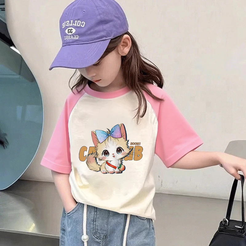 女孩子插肩上衣服女童装半袖纯棉短袖t恤夏季中小儿童装2025新款