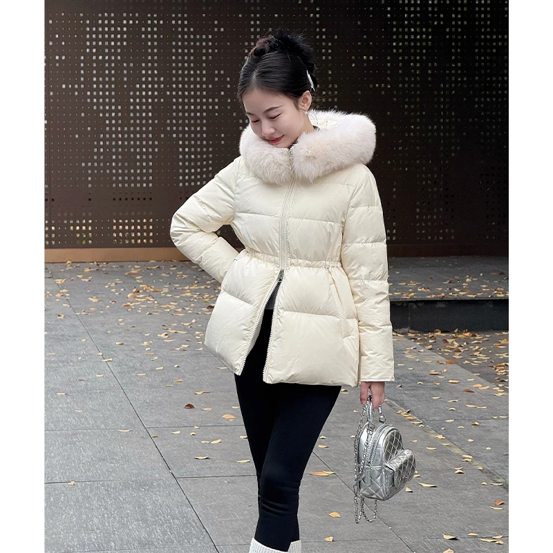 【爱尔兰漫雪】倩倩专属小个子狐狸毛设计收腰中长款连帽羽绒服女