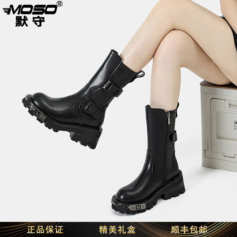 moso香港潮牌爆款马丁靴女厚底潮酷机车靴百搭英伦风黑色中筒靴子