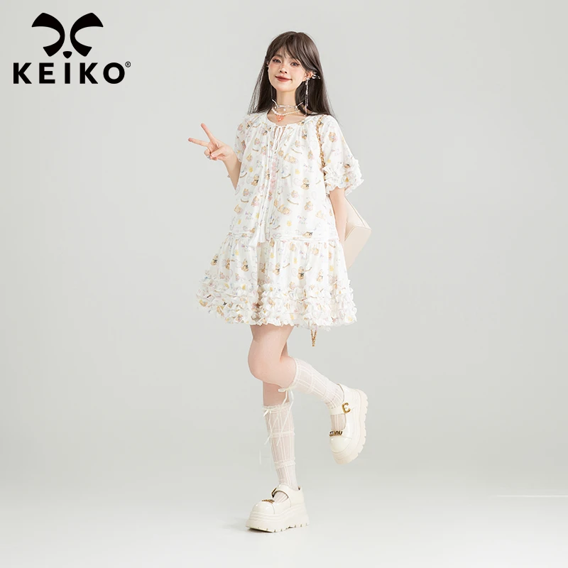 KEIKO 卡通小碎花白色连衣裙夏季立体感褶皱荷叶边圆领A字娃娃裙