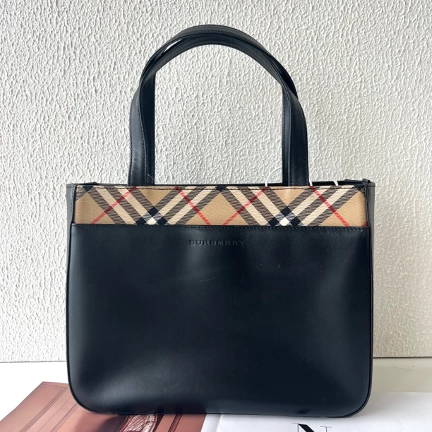 95新 BURBERRY/博柏利 XM简约黑拼格纹中号手提包THJJ01123236