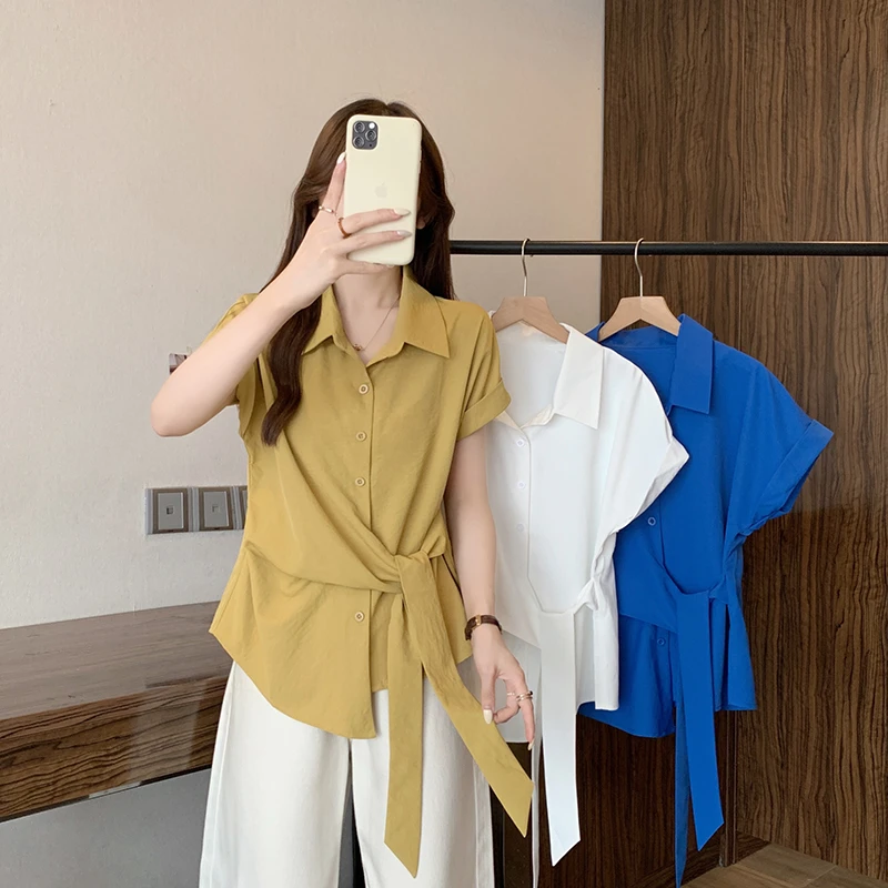 2025夏装新款胖mm大码女韩系时尚飞飞袖绑带收腰衬衫上衣35802