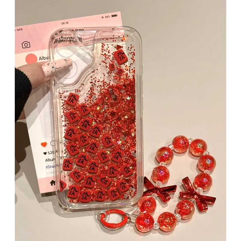 新年款红发流沙壳适用苹果16/15手机壳iPhone13华为vivo小米oppo