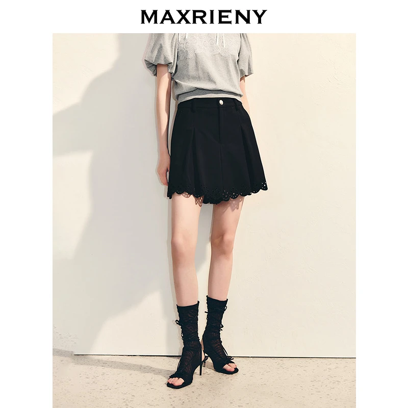 MAXRIENY精致优雅收腰A字镂空边裙裤2025春季新款小众设计感短裤