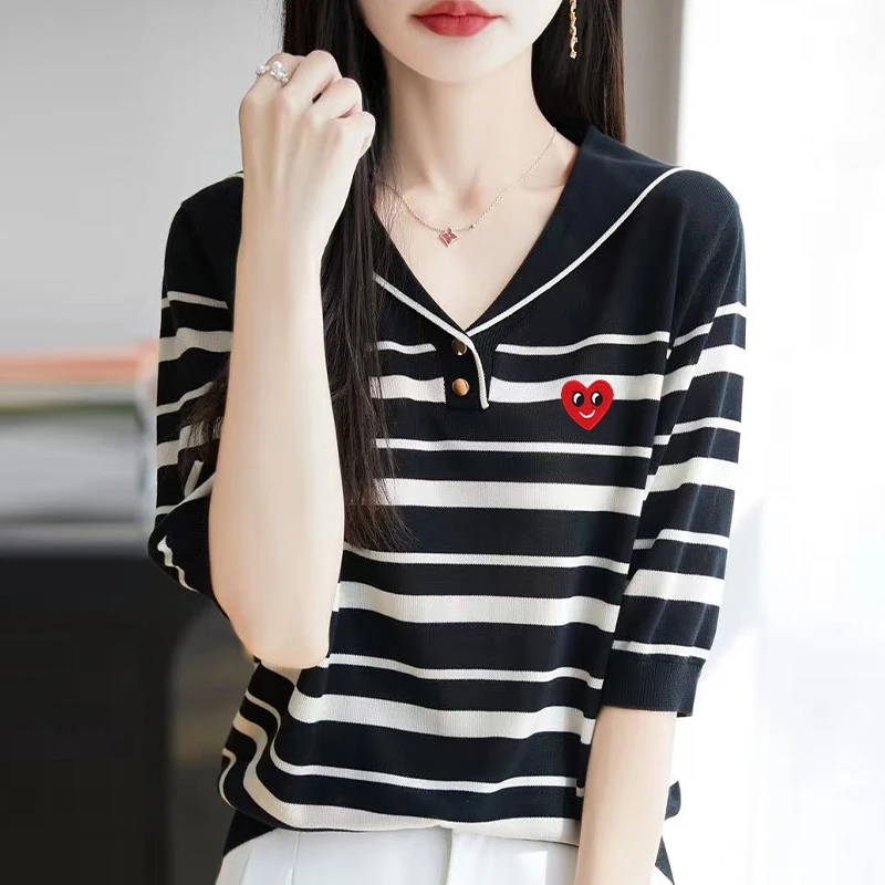 刺绣工艺 针织衫百搭夏季春夏条纹宽松针织衫时尚针织衫洋气