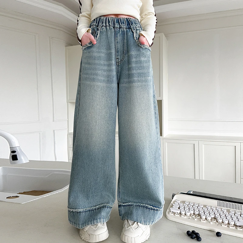 女童直筒牛仔裤春装2025新款儿童裤子春秋款初中生女孩大童阔腿裤