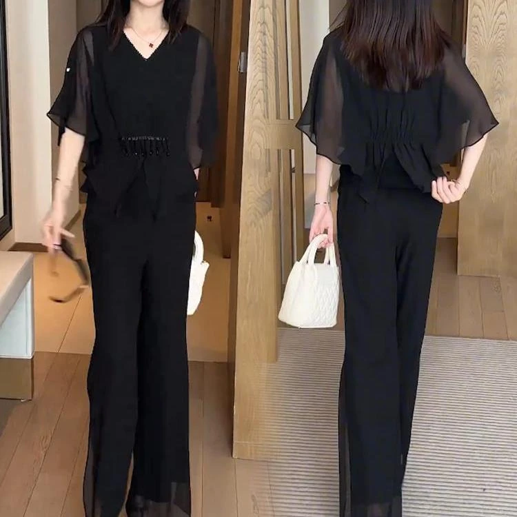 2025夏季新款女士时尚洋气套装休闲气质短袖上衣显瘦阔腿裤两件套