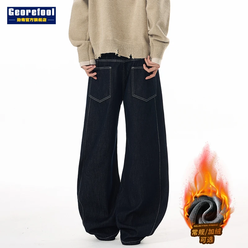2025秋冬新款加绒加厚美式弯刀牛仔裤男士宽松直筒水洗休闲长裤子