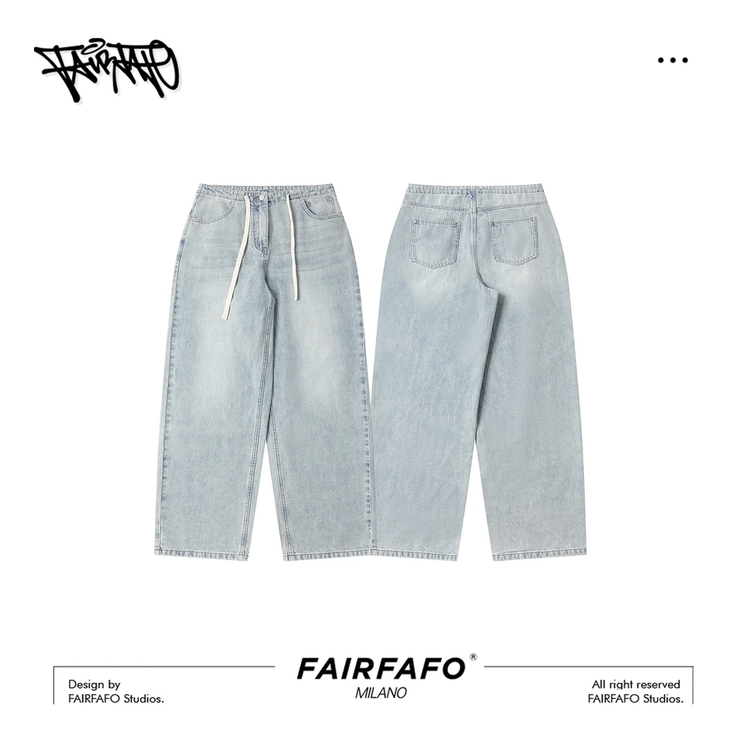 【抽绳宽松牛仔裤】XW5KB0741直筒水洗夏季复古潮流做旧牛仔裤
