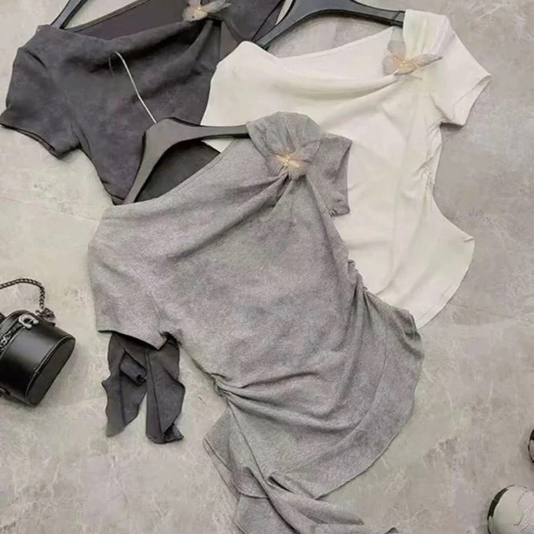美式斜领立体蝴蝶短袖T恤女2025夏季扎染灰色不规则设计别致上衣