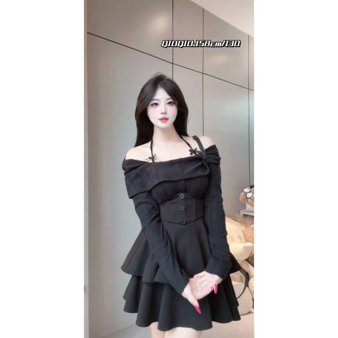 【黑夜甜心】2181 胖m两件套露肩设计感绑带蝴蝶结上衣搭束腰鱼骨裙