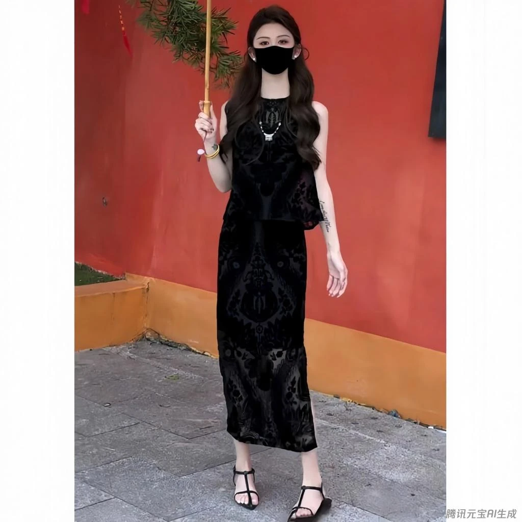 法式提花裙子时尚套装2025夏季新款开叉修身轻奢复古中国风两件套