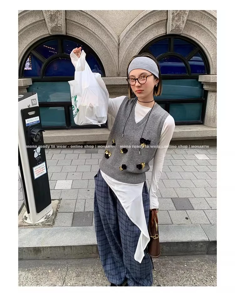 MONA 33羊毛 复古气质v领背心马甲女小个子 早秋新款叠穿马夹上衣
