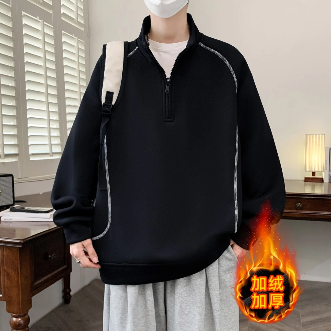 加绒保暖卫衣男新款半拉链宽松套头衫青少年冬季长袖上衣外穿加厚