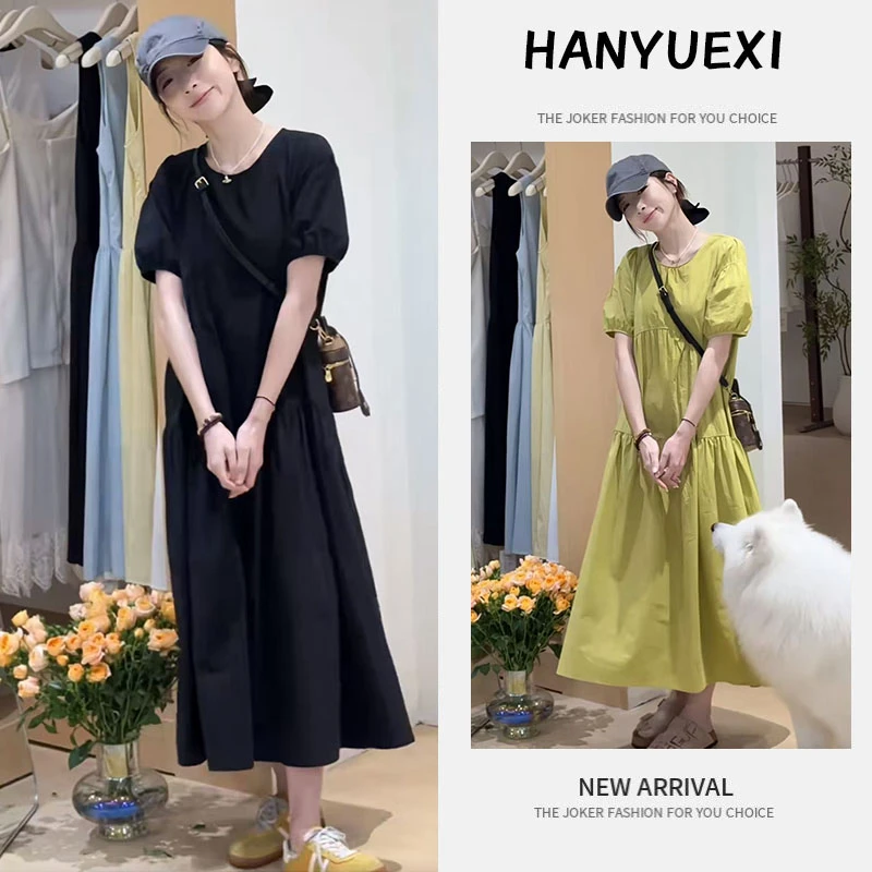 今年流行穿搭一整套2025新款夏季圆领泡泡袖后背镂空设计感连衣裙