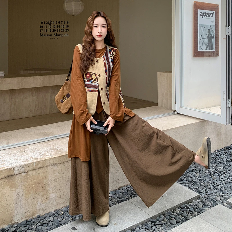 洋气气质针织显瘦系列镂空民族风马甲衬衫阔腿裤套装女巨感三件套