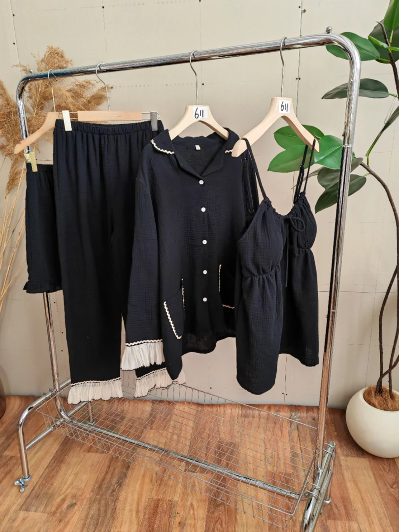 〖全棉四件套〗春夏秋！全棉纱长袖睡衣女长裤吊带纯棉家居服套装