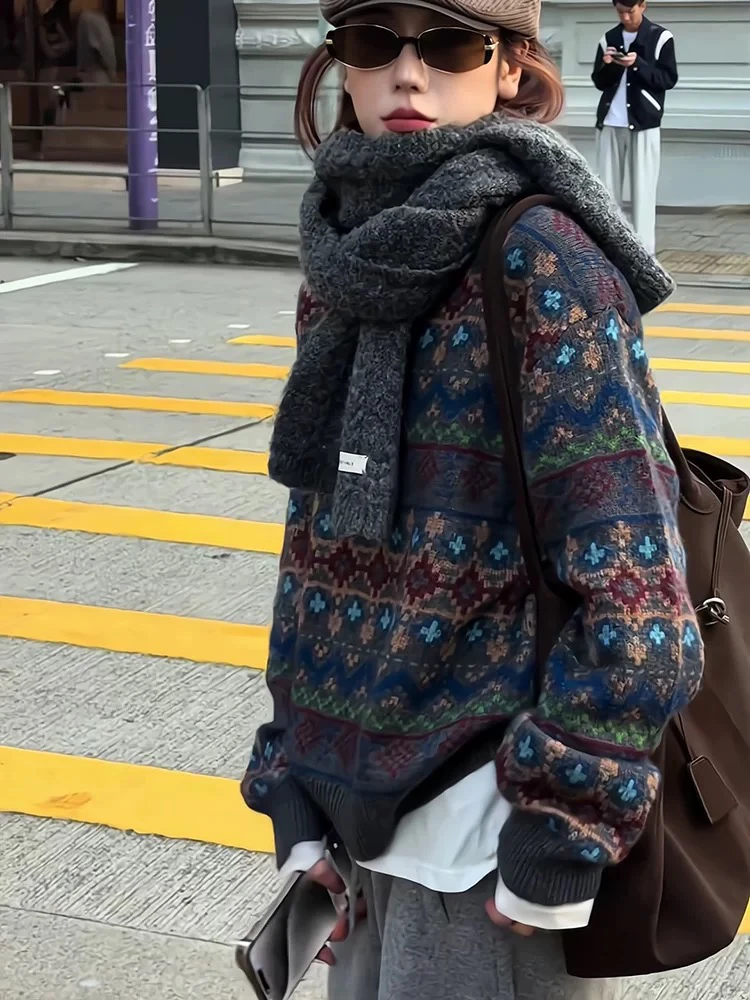 8678新款针织衫毛衣女懒惰风复古圆领长袖宽松百搭