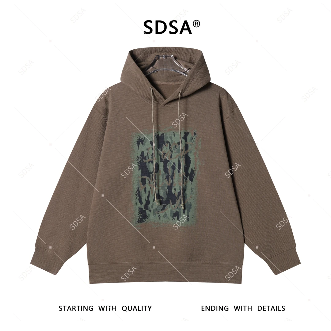 SDSA秋季新款男士痞帅简约抽象印花抽绳套头连帽卫衣设计师宽松潮